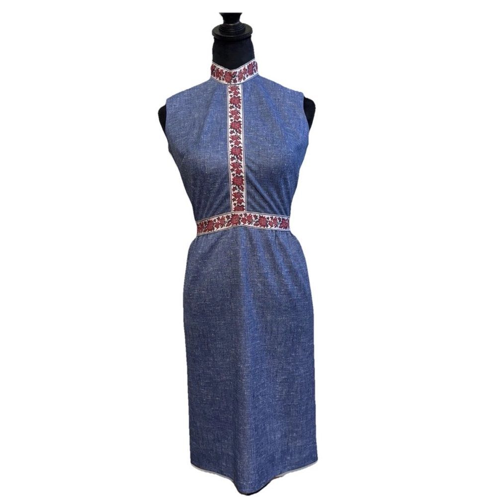 *70s Blue Linen Look Stand‎ Collar Boho Ribbon Trim Midi Dress Size 8 (approx)